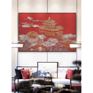 酒店餐厅高档立体挂画包间壁画客厅新中式立体浮雕阁楼大气装饰画