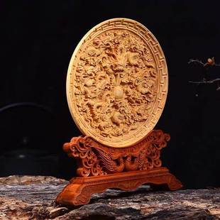 叶小黄719杨木雕圆盘摆件实木雕刻太行崖艺柏工艺品品黄杨术仿古