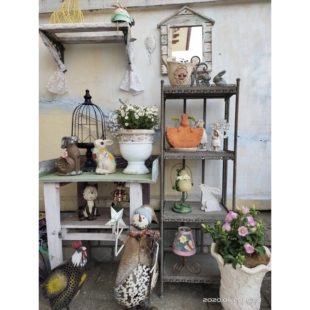 W7孤品-美式乡村复古实木铁艺架子置物架家居户外花园庭院花几桌