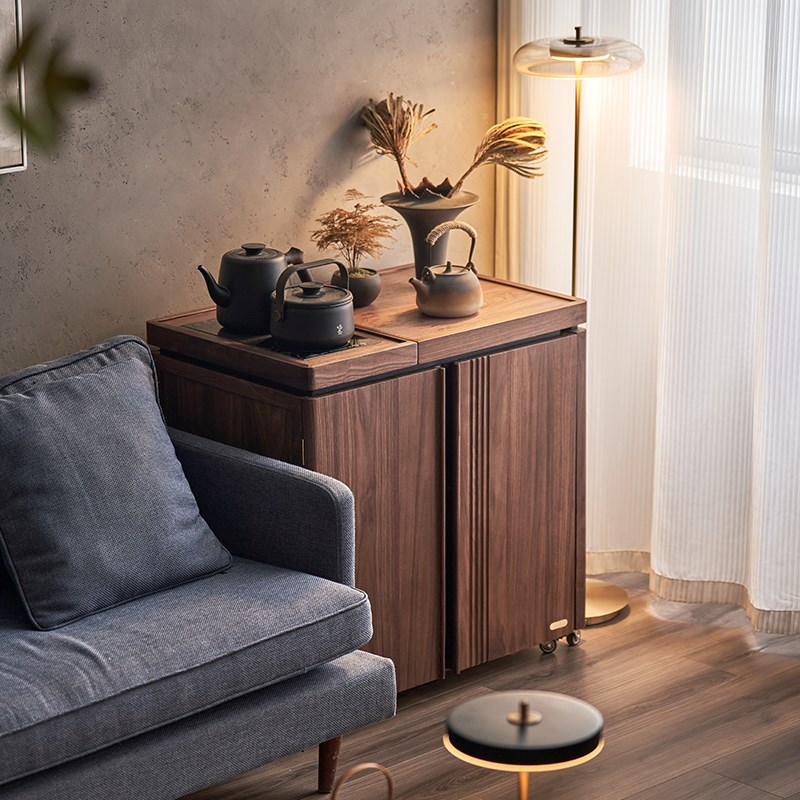 实木伸缩茶水柜可移动延展茶台煮茶下水柜黑胡桃木阳台茶桌茶边柜