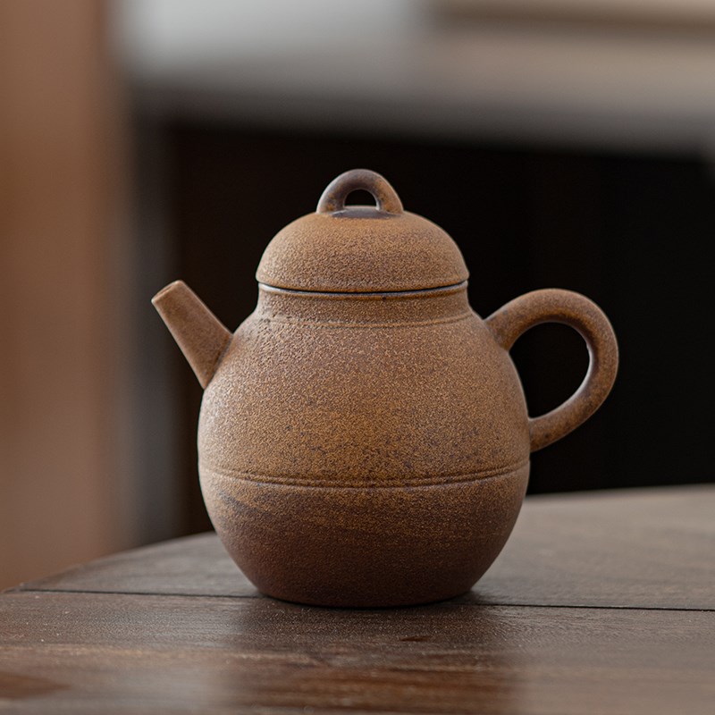 叶屿老岩泥酱釉茶壶蓄水圆形壶承胖梨壶中式粗陶家用陶瓷功夫茶具
