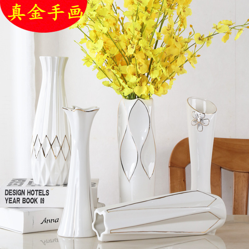 陶瓷花瓶落地大号白色描金餐桌客厅干花水养鲜花插花创意装饰摆件