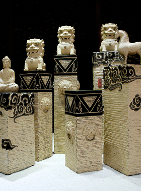 中式仿古祥云展示柱落地摆件过道玄关装饰盆景摆设底座仿石拴马桩