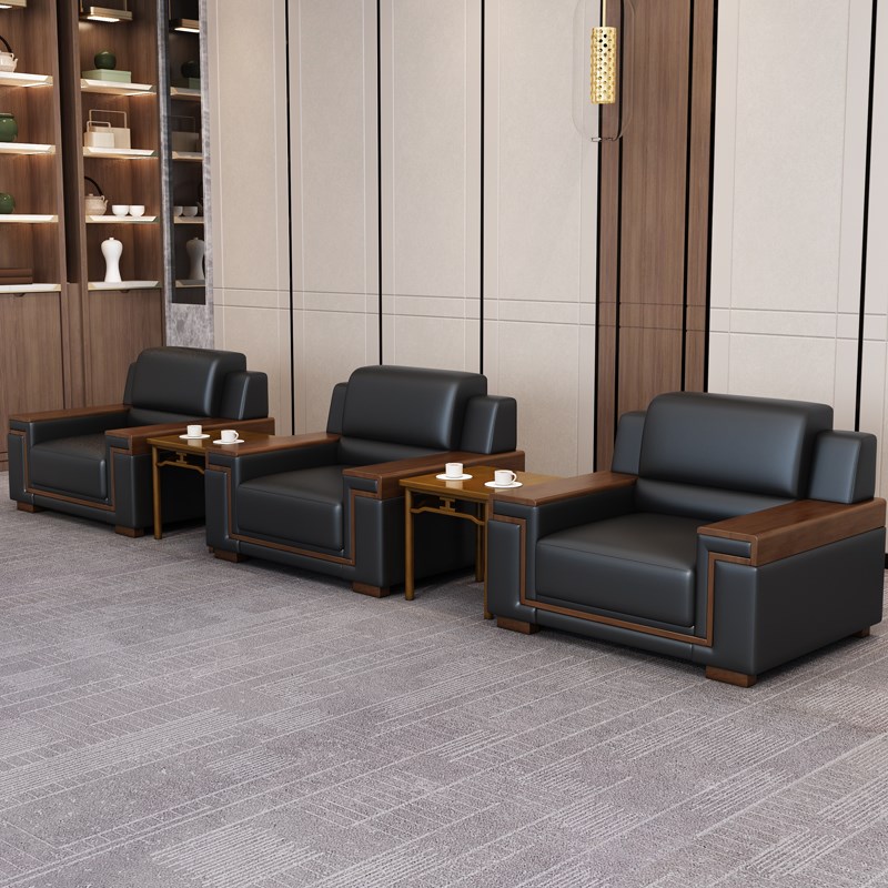 接待室办公室沙发会客区商务现代简约黑色会议厅沙发单人茶几组合