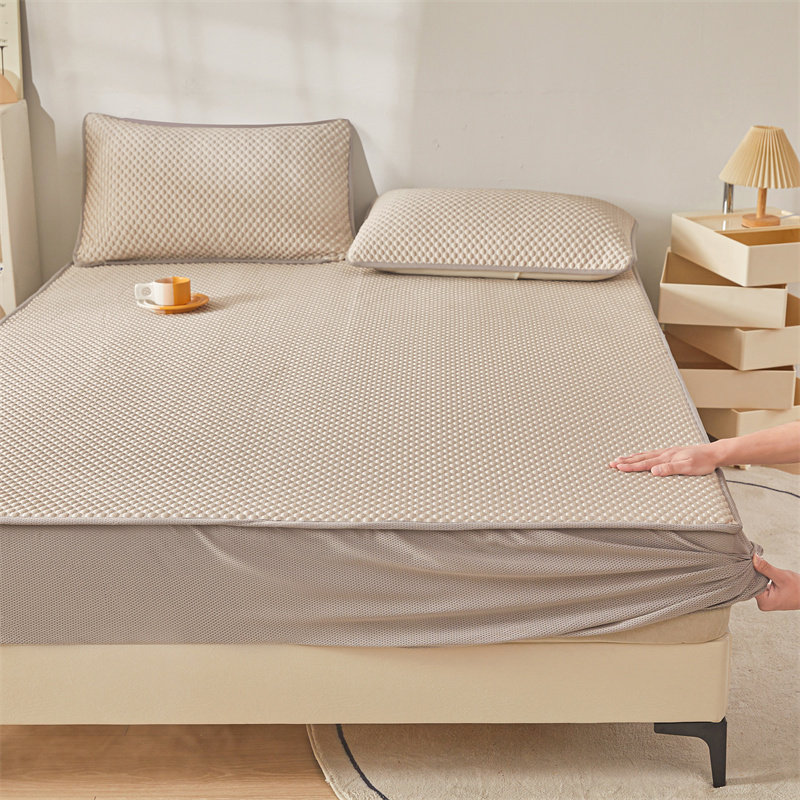 纯色床笠冰丝凉席三件套夏季新款高档裸睡折叠可水洗软席子防滑罩