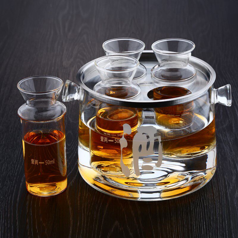 明尚德耐热玻璃温酒壶中式黄酒煮酒器家用烫酒壶套装带刻度分酒杯