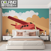 环保无缝墙布卧室床头儿童房壁纸卡通复古飞机男孩女孩壁画壁布