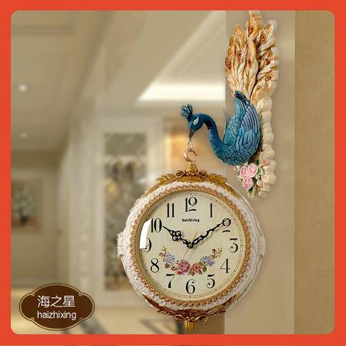 △欧式双面挂钟两吊钟孔雀饰客玄关壁钟静音石英钟装面厅Fh(^l#gb