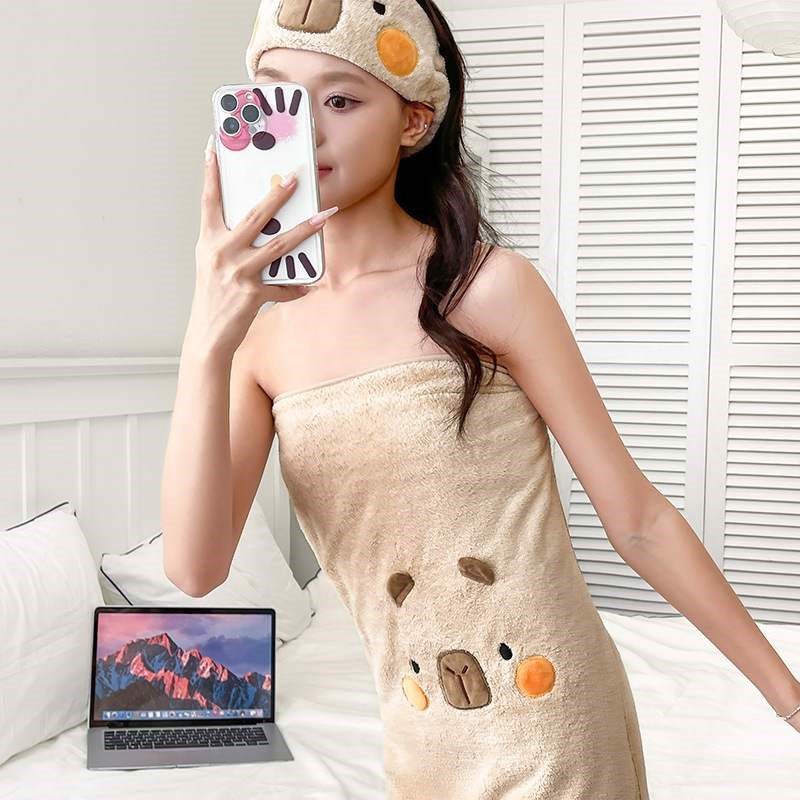 气质卡皮巴拉水豚珊瑚绒浴巾加厚加大吸水速干家用送礼可穿不掉毛