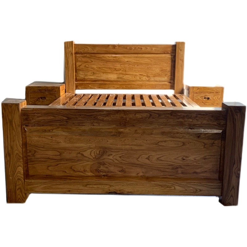 原木纯实木床人单人硬板木头床榫卯结实老榆木床床头柜1.51.8米