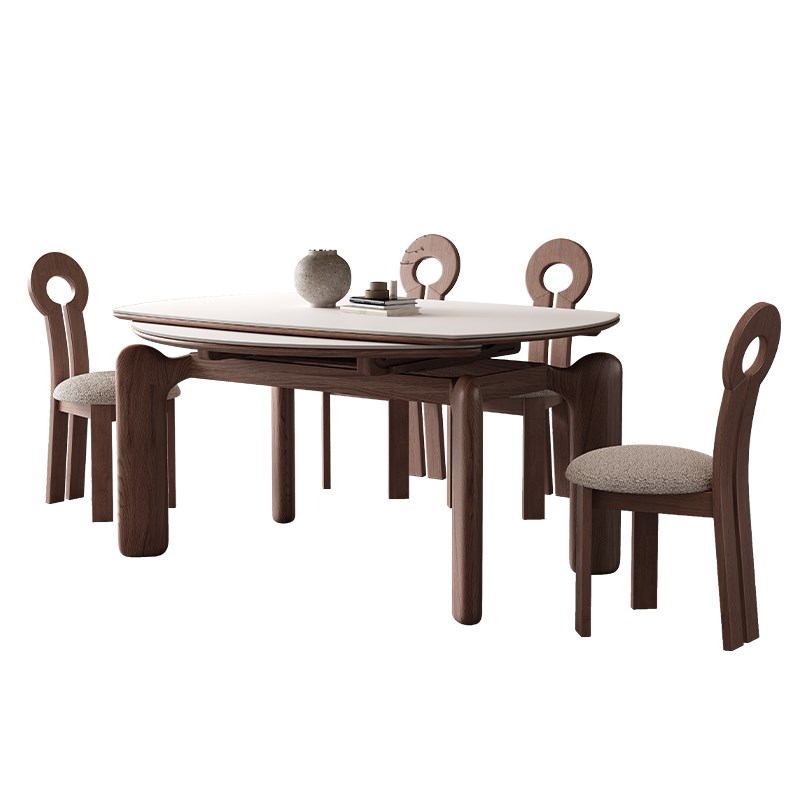 中古风方圆两用岩板餐桌椅可伸缩胡桃木色简约现代家用饭桌小户型