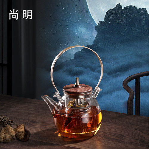 尚明杜兰月轮蒸煮茶壶家用耐热玻璃提梁泡茶壶老白茶蒸煮一体茶壶