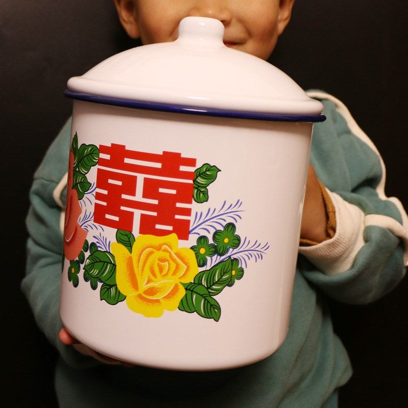 特厚3000ML老式搪瓷杯怀旧红喜字茶缸大容量水杯泡面杯复古风铁杯
