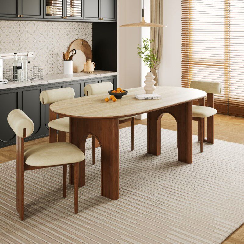 中古风洞石餐桌2025新款凯旋岛台桌实木岩板饭桌大小户型桌椅组合