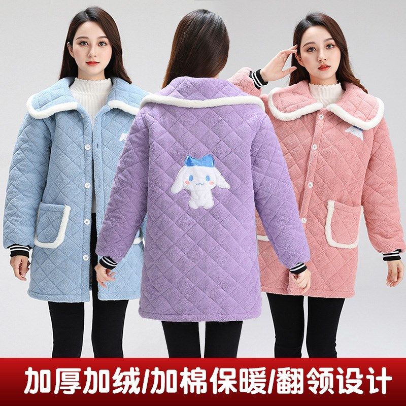 冬季加绒加厚保暖罩衣女三层加棉围裙棉衣外套工作服洋气家居服