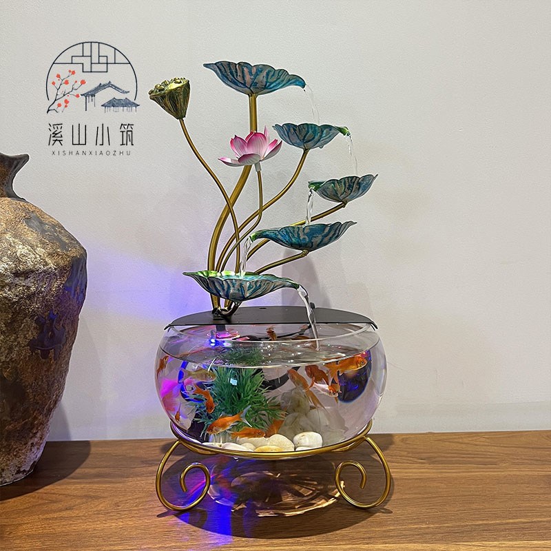 流水摆件玻璃鱼缸客厅电视柜办公室玄关家用懒人养鱼乔迁开业送礼