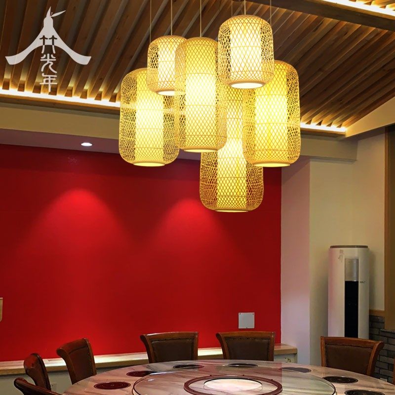 现代中式餐厅竹编鸟笼吊灯带射灯酒店餐饮鸟笼灯茶楼火锅店卡座灯