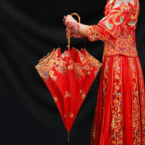 红伞结婚庆晴雨两用长柄重工花边刺绣中式复古新娘出嫁伞嫁娶婚伞