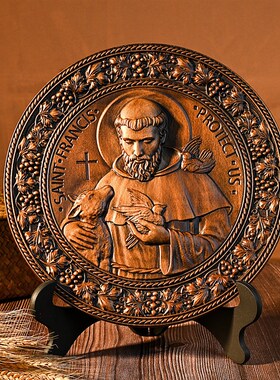 雕刻人物动物木雕摆件工艺品木雕圣像复古木头圆盘大号桌面装饰品