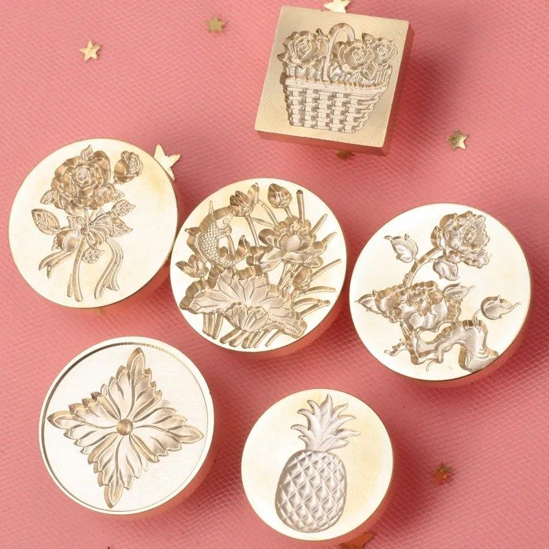 火漆印章鲤鱼荷花多层雕刻黄铜印章头菠萝立体方形花篮封口蜡信封