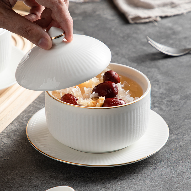 陶瓷炖盅家用白色带盖隔水炖罐燕窝蒸蛋碗位上小汤盅金边中式酒店