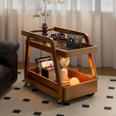 实木沙发边几可移动茶几带轮沙发侧边桌床头柜客厅中古零食小推车