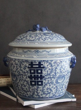 手绘喜字陶瓷青花瓷复古茶叶罐插花仿古中式客厅博古架装饰摆件