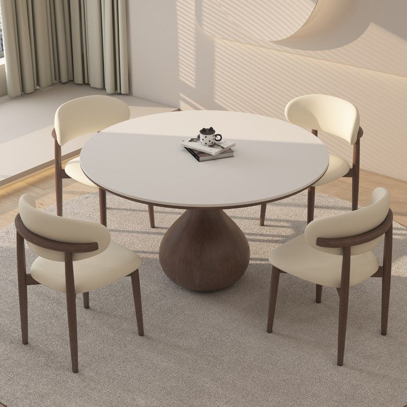 德利丰实木岩板餐桌圆形家用小户型侘寂奶油中古风高端全托圆桌子