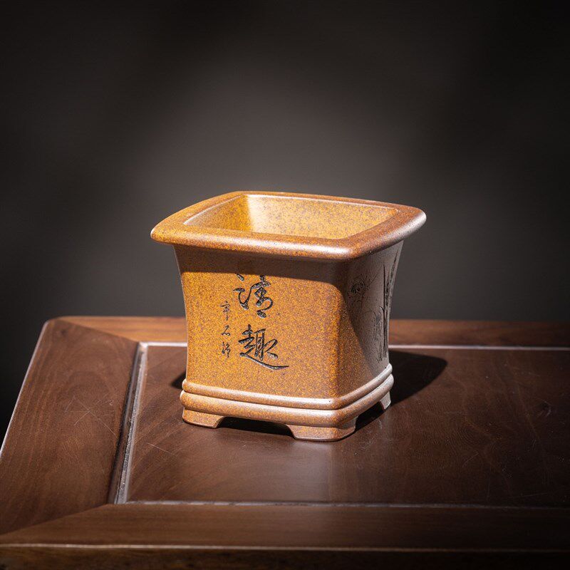 新款宜兴原矿高温柴烧段泥高档刻绘名家把玩唯珍微型紫砂盆景花盆