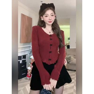 红色针织衫女春秋季2025新款韩版毛衣内搭打底衫别致绝美短款上衣