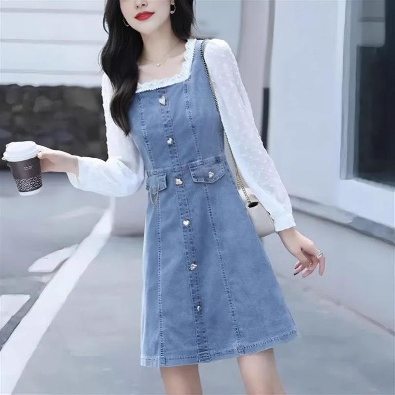 拼接牛仔连衣裙女2025春季新款法式仙女裙收腰洋气假两件套打底裙