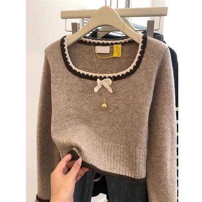 美拉德方领短款浣熊绒蝴蝶结毛衣女装早秋小个子内搭打底衫针织衫
