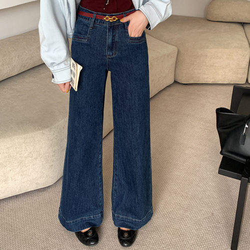 【晶晶姐妹专属】&白鹿语复古通勤双插袋长款女式牛仔裤子BL20438