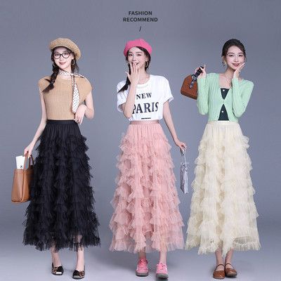 【欢欢专享】&白鹿语甜美网纱裙时尚长款橡筋腰半身裙HY50312