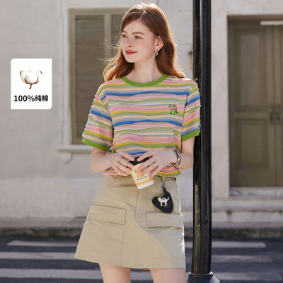【一一专享】&白鹿语撞色条纹甜美减龄圆领套头章仔T恤YU50036