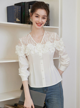 【专柜大上新】&白鹿语气质通勤V领花边长袖正肩衬衫BY50001