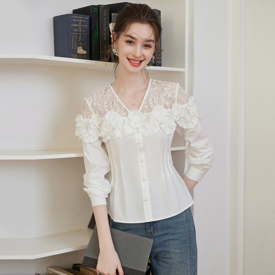 【专柜大上新】&白鹿语气质通勤V领花边长袖正肩衬衫BY50001