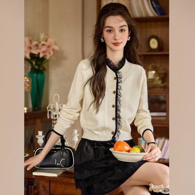【专柜大清仓】&白鹿语撞色拼接花边针织衫女式毛衣BX20053