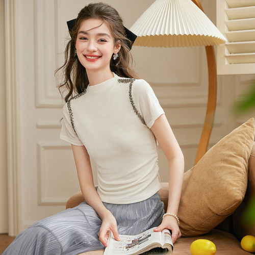 【大粒儿专享】&白鹿语高级感立领正肩串珠短袖女优雅T恤HU50087