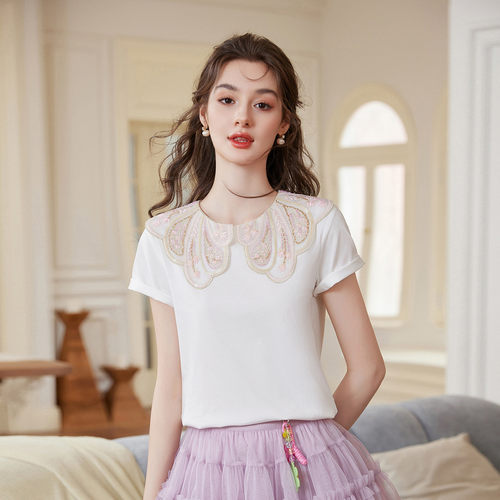 【晶晶姐妹专属】&白鹿语温柔甜美圆领正肩T恤短袖上衣YU50147