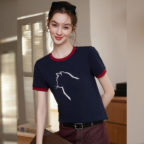 【晶晶姐妹专属】&白鹿语图案撞色圆领趣味减龄印花T恤YU50098