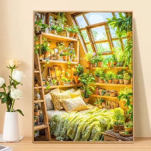 高级感花卉小屋数字油画diy填充手绘填色画画油彩丙烯手工解压装