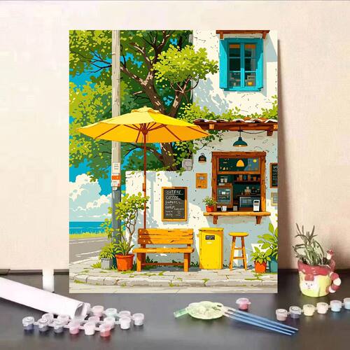 新款咖啡屋小镇数字油画diy手工填色治愈解压高颜值客厅装饰画