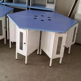 学校铁皮zw钢木电六边形电脑桌学六角制微室八边机桌生机房钢木钢