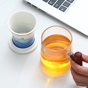 又见手绘陶瓷内胆玻璃泡茶杯茶水分离过滤花茶杯喝茶杯子手绘山水