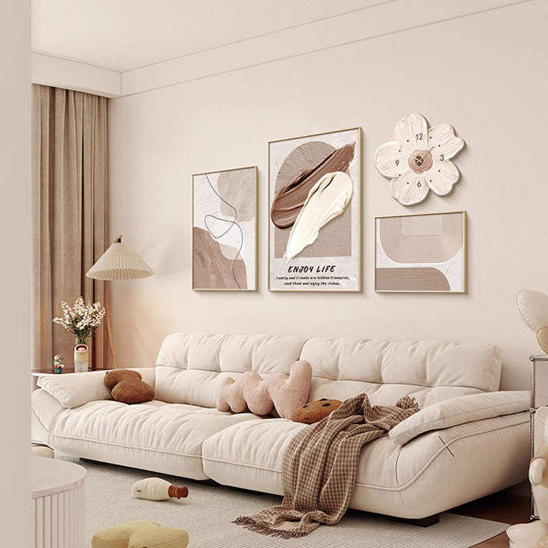2024新款侘寂奶油风肌理带钟表时钟组合客厅装饰画沙发背景墙挂画