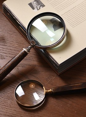 进口复古做旧黄铜实木把柄放大镜摆件样板间客厅卧室书房桌面装饰