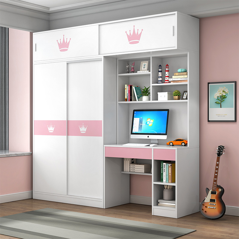 实木衣柜书桌柜一体女孩女童移门多功能小户型家用卧室衣橱子