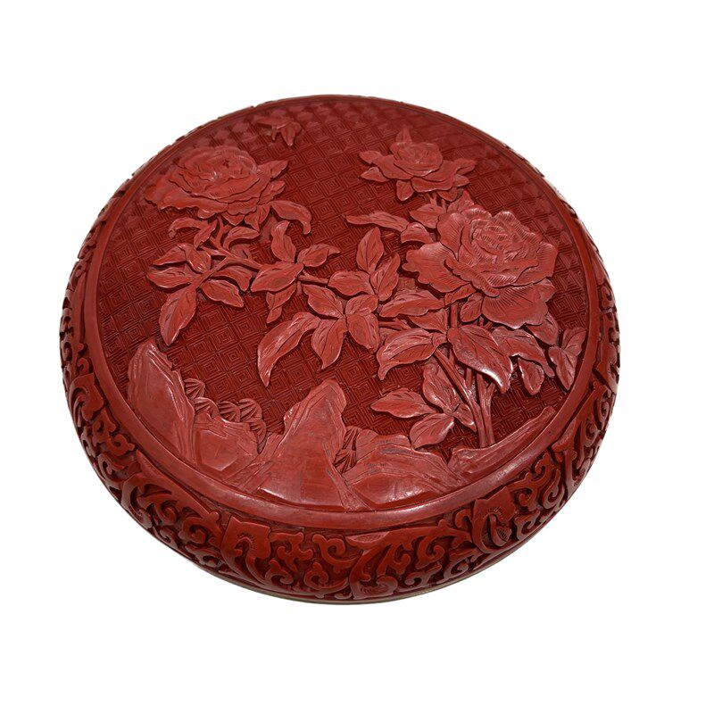 创汇时期雕漆剔红漆器纯手工大漆铜胎捧盒老漆牡丹富贵首饰盒