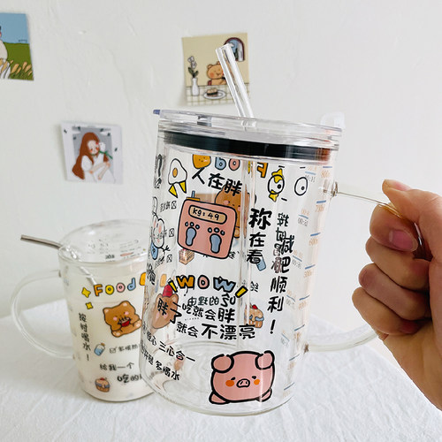 可爱励志大容量水杯女1000ml玻璃杯带盖办公室时间刻度牛奶吸管杯
